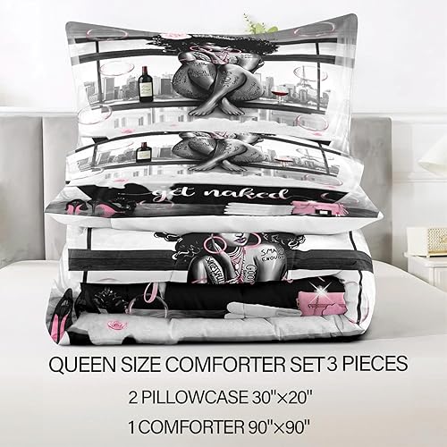 Miniatura 4 de LUVIVIHOME Juego de edredón sexy de 3 piezas, diseño de niña negra y reina mágica, bolsa rosa, tacones altos, Torre Eiffel, citas inspiradoras, ropa