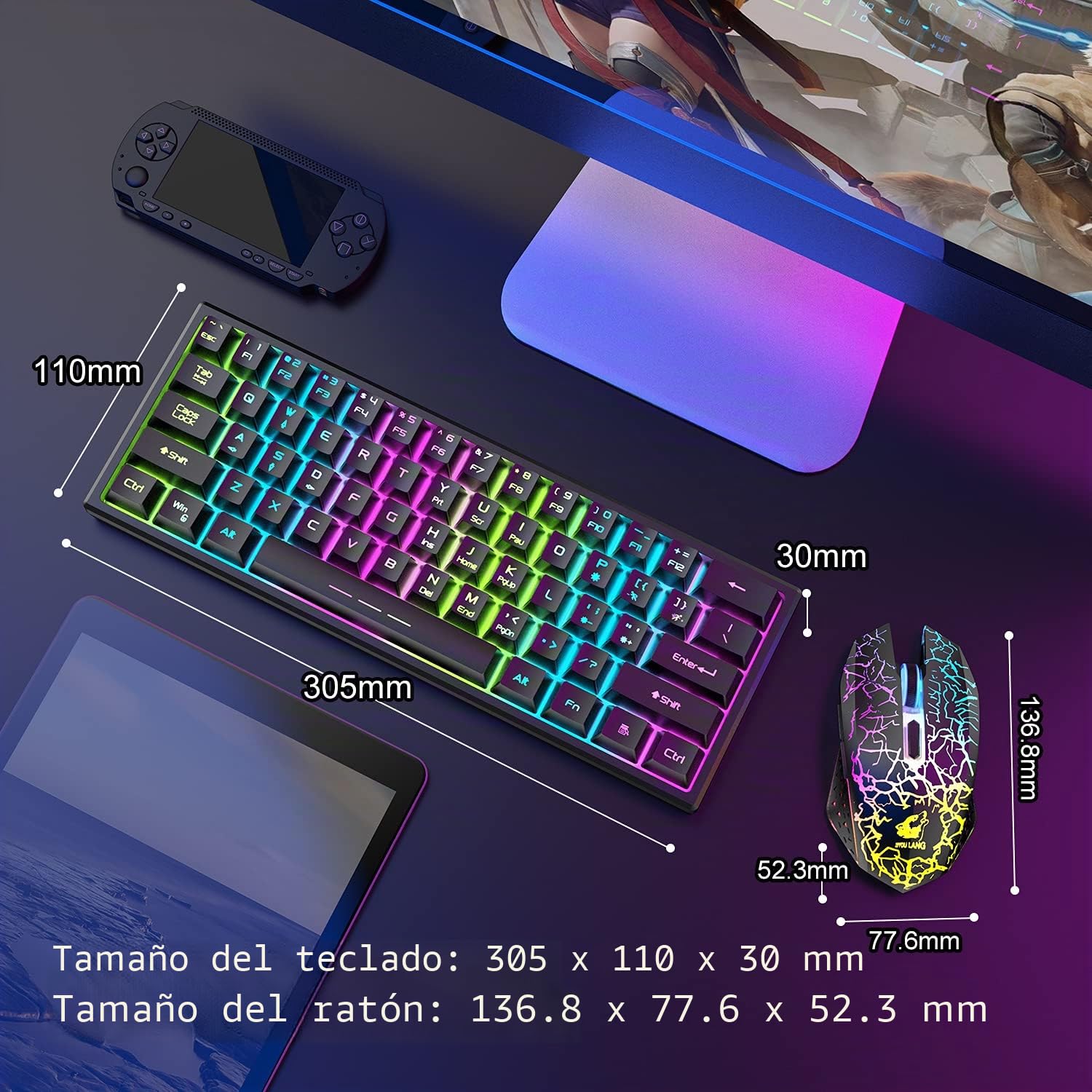 Conjunto de combo de teclado y ratón inalámbrico de 60% conjunto de 2,4 GHz 38000mAh 61 teclas compactas teclado con arco iris led retroiluminado + 2400dpi 6 botones arco iris LED Mouse (Negro)