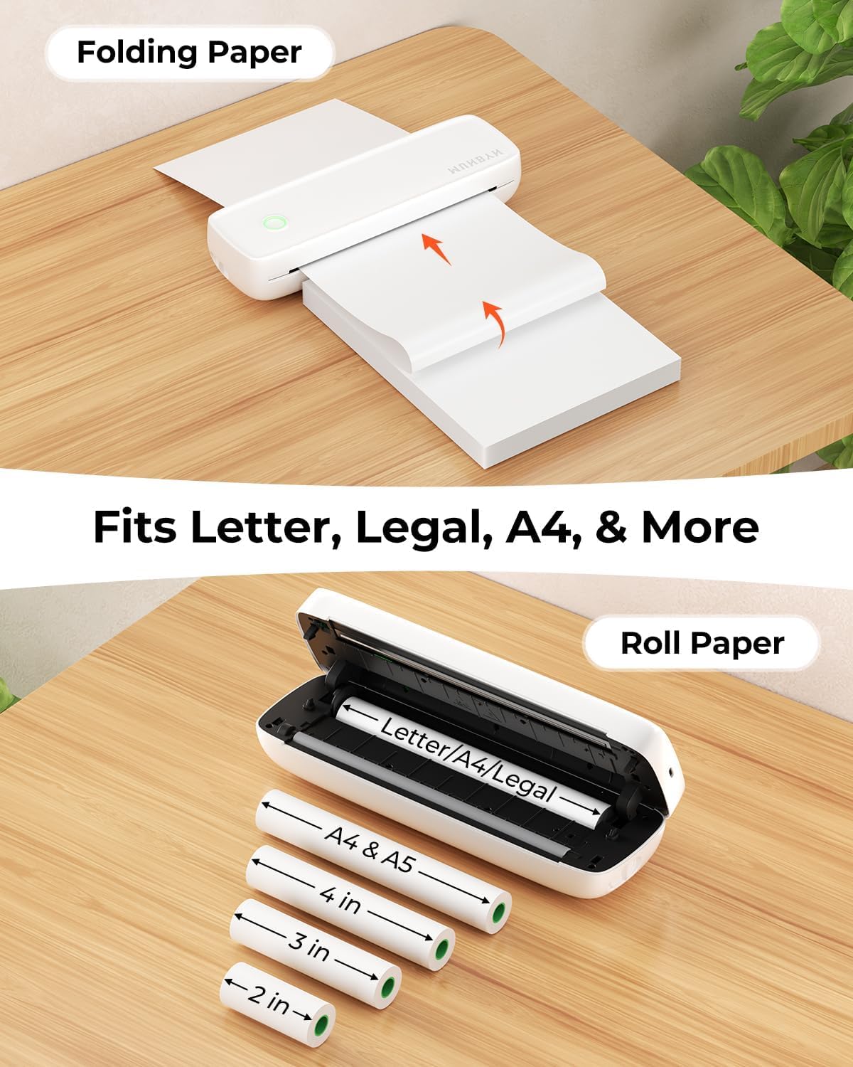 MUNBYN Impresora Portátil Inalambrica, Impresora Bluetooth A4, Compatible con teléfonos Android e iOS y Portátil, Papel Impresora A4/4''/3''/2'', ITP04, Blanco
