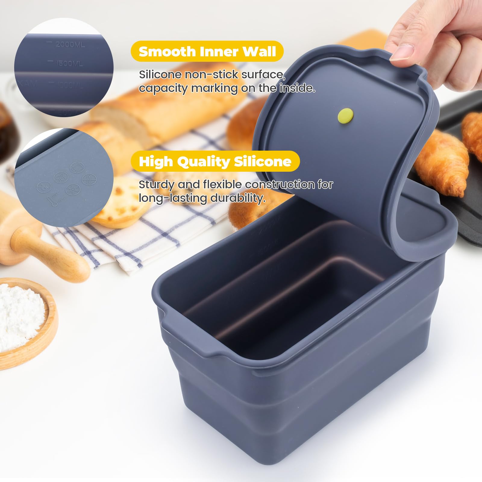 Molde plegable de silicona para pan con tapa, molde antiadherente para horno, pan casero, pastel de carne, fácil liberación, 2000 ml