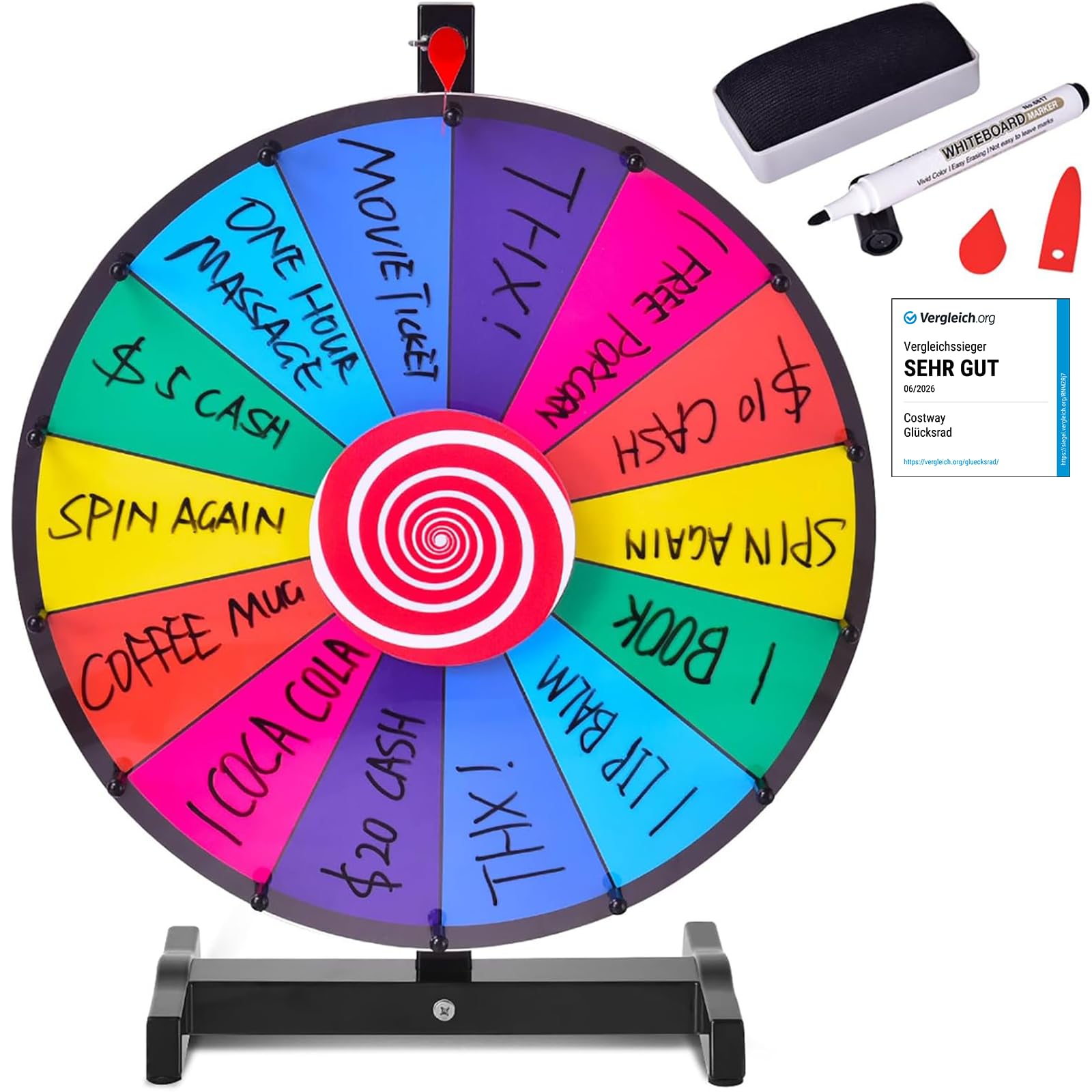 COSTWAY 18/24 Pollici Gioco Ruota della Fortuna da Terra&Tavolo, Wheel of Fortune con Marcatore e Cancellatore, 14 Slots, per Carnevale e Feste (18 Pollici)