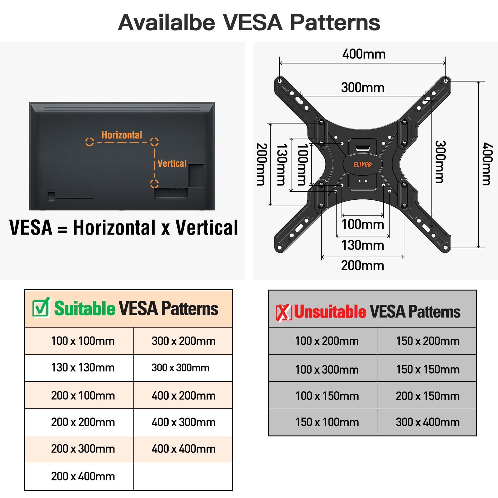 ELIVED Soporte de pared para televisores de 26 a 65 pulgadas (950 mm) | Soporte para TV de esquina extensible, máx. VESA 400 x 400 mm, soporta hasta 35 kg, EV3018