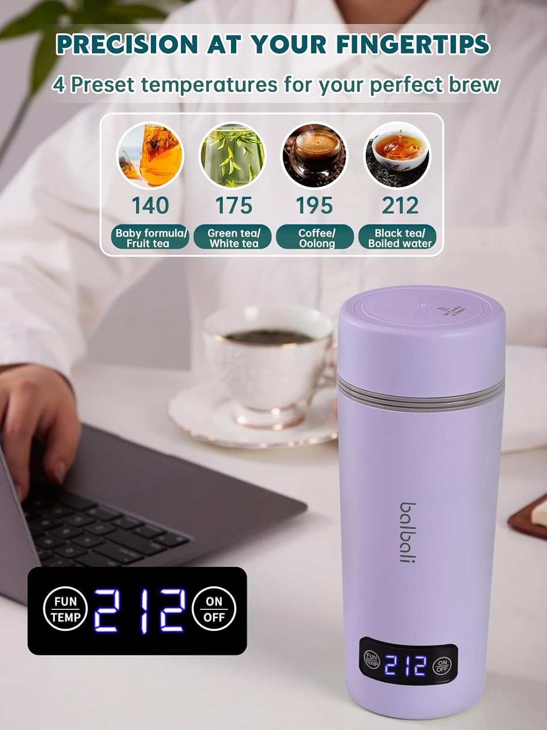 balbali Dual Voltage Travel Kettle 100-250V - 12oz Portable Water Boiler/Warmer/Heater for Boiling Water - 4 Preset Temperature Control Portable Tea Kettle Electric Travel - Purple - Image 3