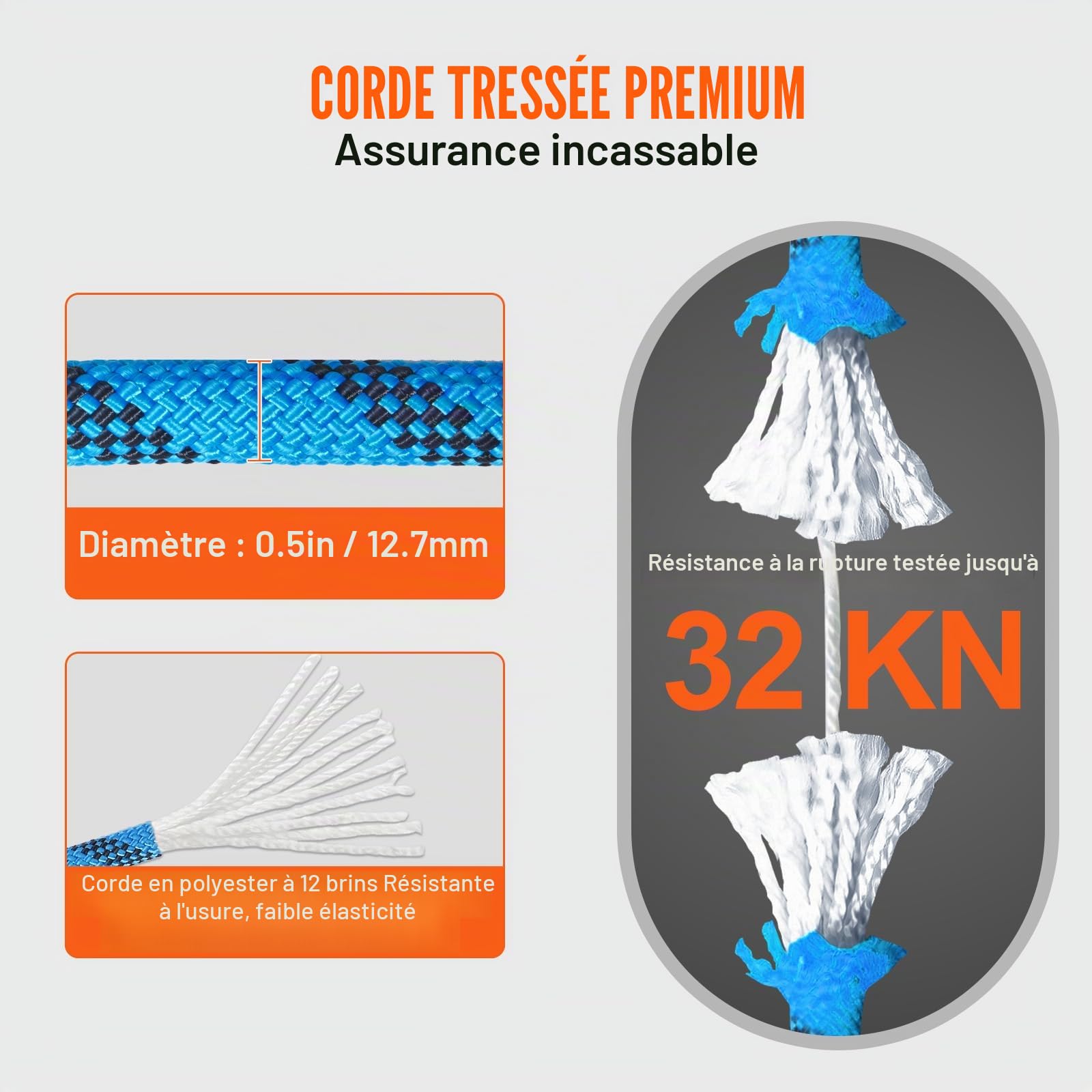 VEVOR Corde d'escalade Statique 12,7 mm 60,96 m 32 KN, Corde de Sécurité Extérieure, Bleu