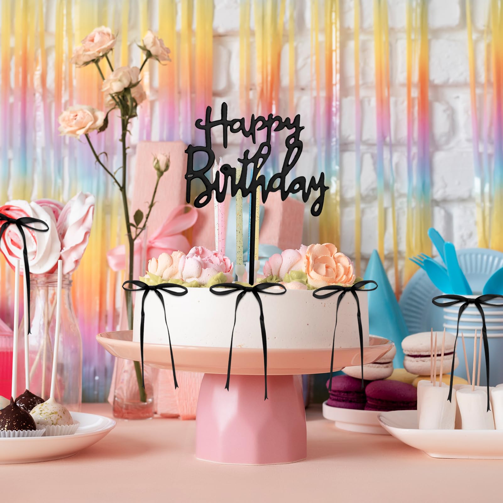 Zkptops 21Pcs Bow Cake Topper Happy Birthday Ribbon Bow Cupcake Toppers Black Bows for Cake Decorating Supplies Cute Coquette Bowknot Cakes Topper for Birthday Party Wedding Anniversary Baby Shower