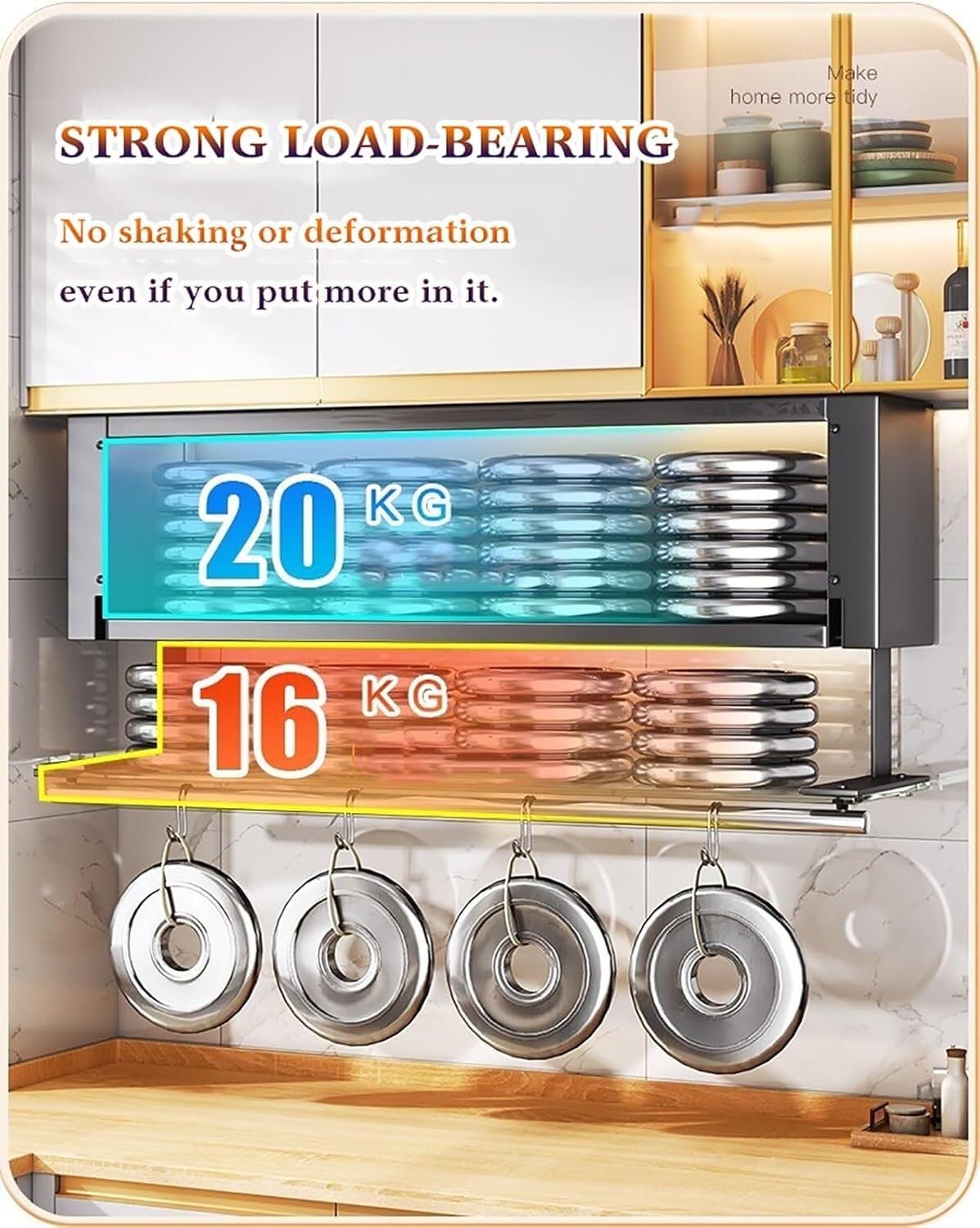 Sollevamento multifunzionale Porta spezie estraibile a 2 livelli, organizer for mobili da cucina con ante, ripiano estraibile for impieghi gravosi, mensola galleggiante montata a parete for l'uso sopr
