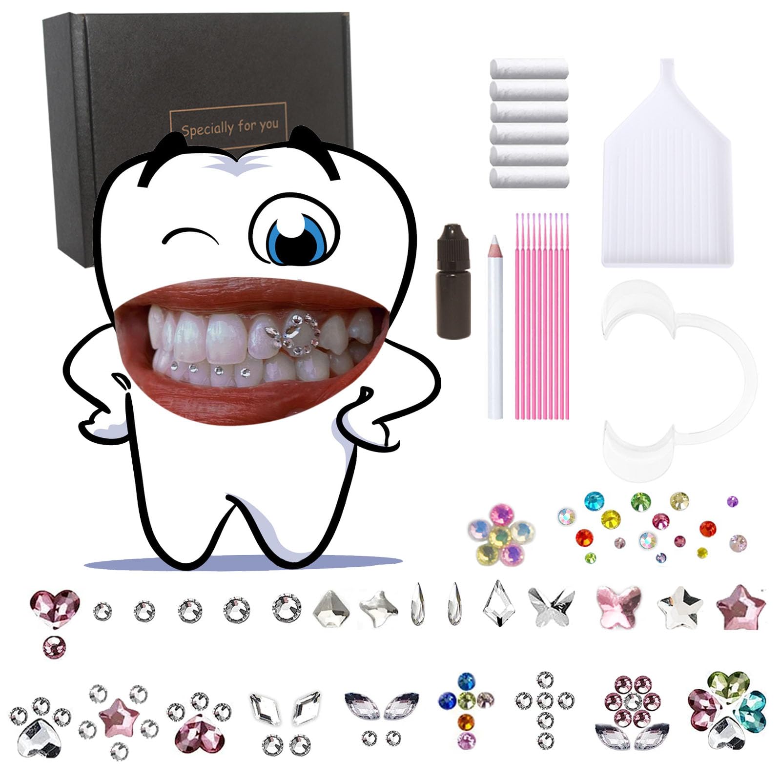 SIRAHOSI DIY Tooth Gems 100 Pieces Fashionable Crystal DIY Teeth Jewelry Starter Kit Sweet Smile Gems Tooth Ornaments Butterfly, Heart, Cat Paw, Vampire and Luminous