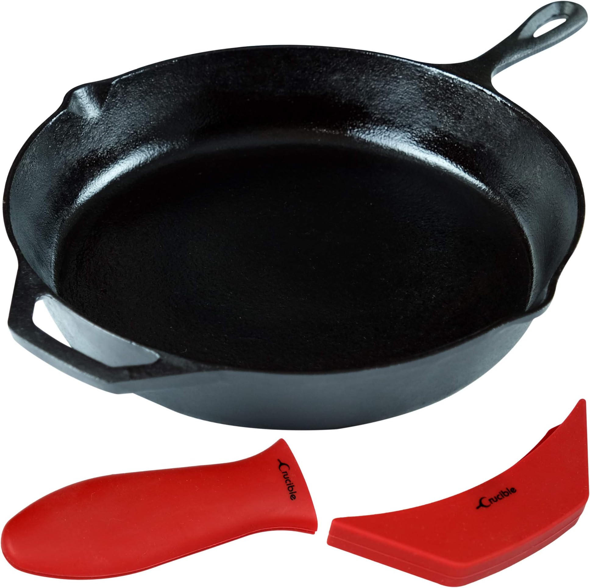 12-Inch Cast Iron Skillet Set (Pre-Seasoned) Including Large & Assist Silicone Hot Handle Holders | Indoor & Outdoor Use