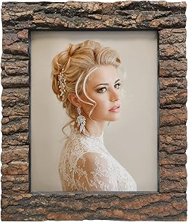 IKEREE 8x10 Rustic Wood Picture Frame with Real Bark，Solid Wood High Def...