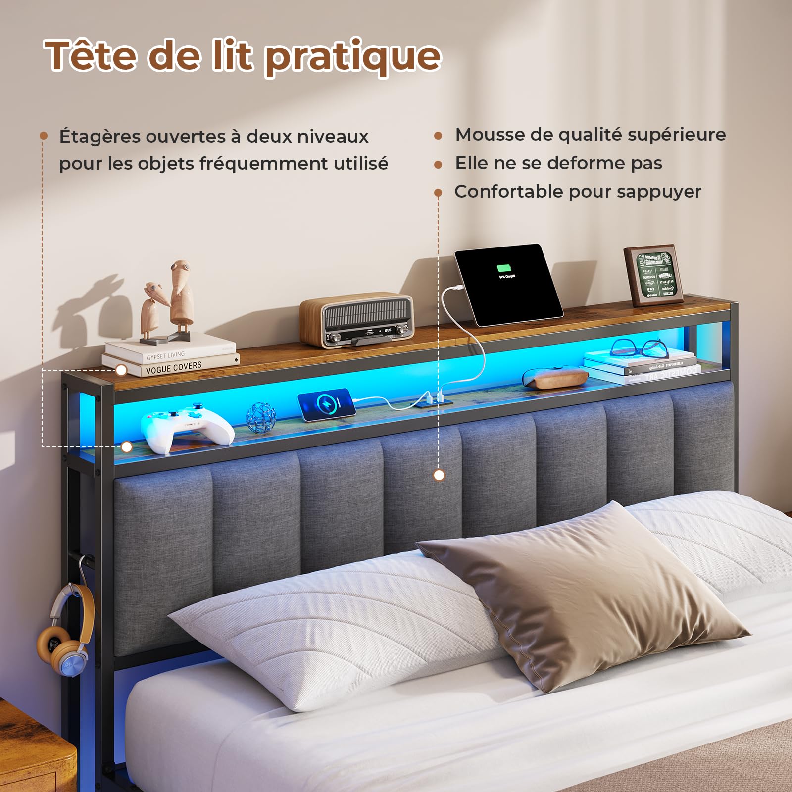 AOGLLATI Cadre de Lit 140x190 avec Multiprise et Éclairage LED, Lit 2 Personnes Flottant avec Tête de Lit Rangement, Sommier en Métal, Structure Stable, Lin Gris Foncé(sans Matelas)