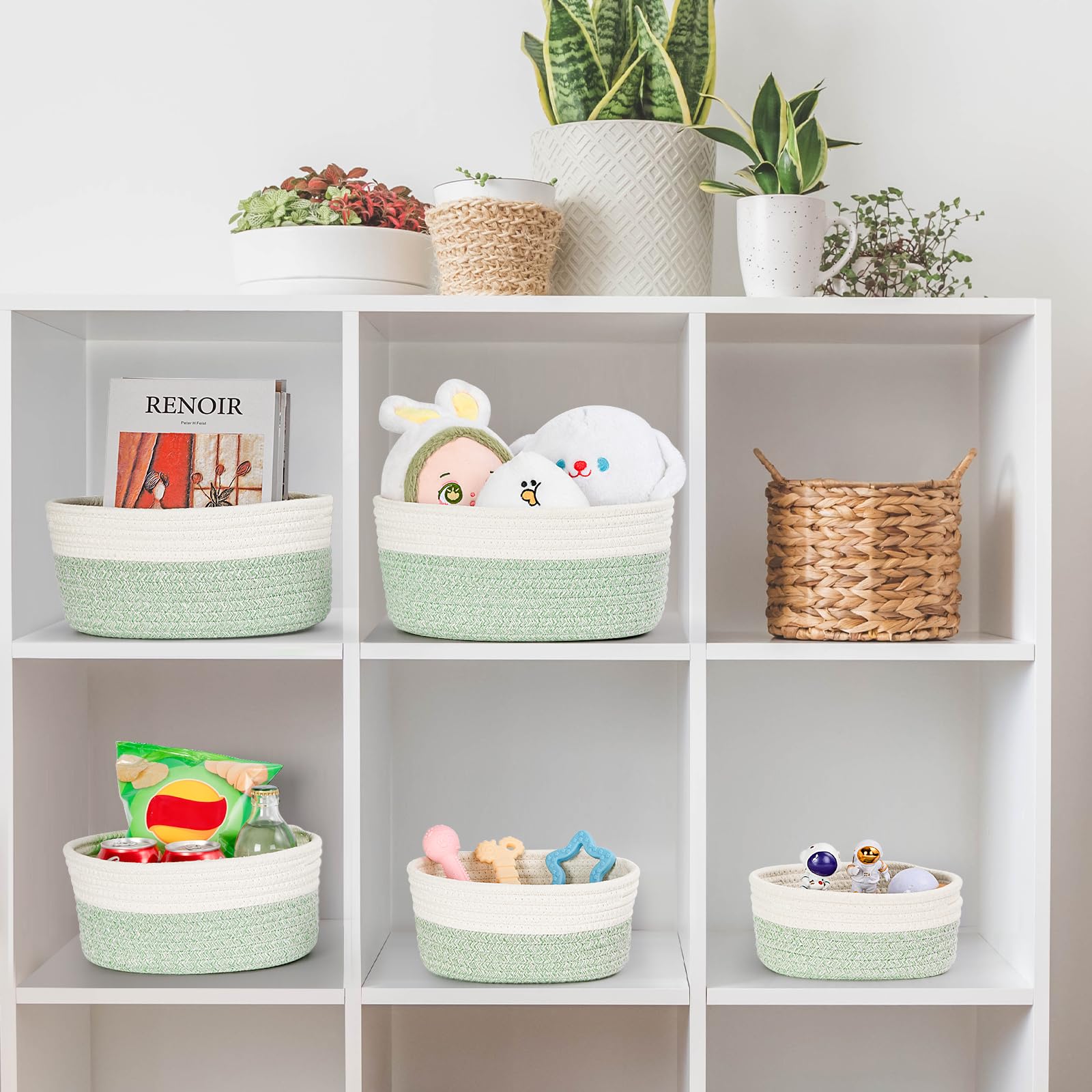 Juego de 5 Cestas Almacenaje de Cuerda de Algodón, Cestas Organizadoras Baño, Cesta Juguetes Bebe, Cesto Toallas Baño, Cajas Almacenaje Decorativas, Blanco & Verde