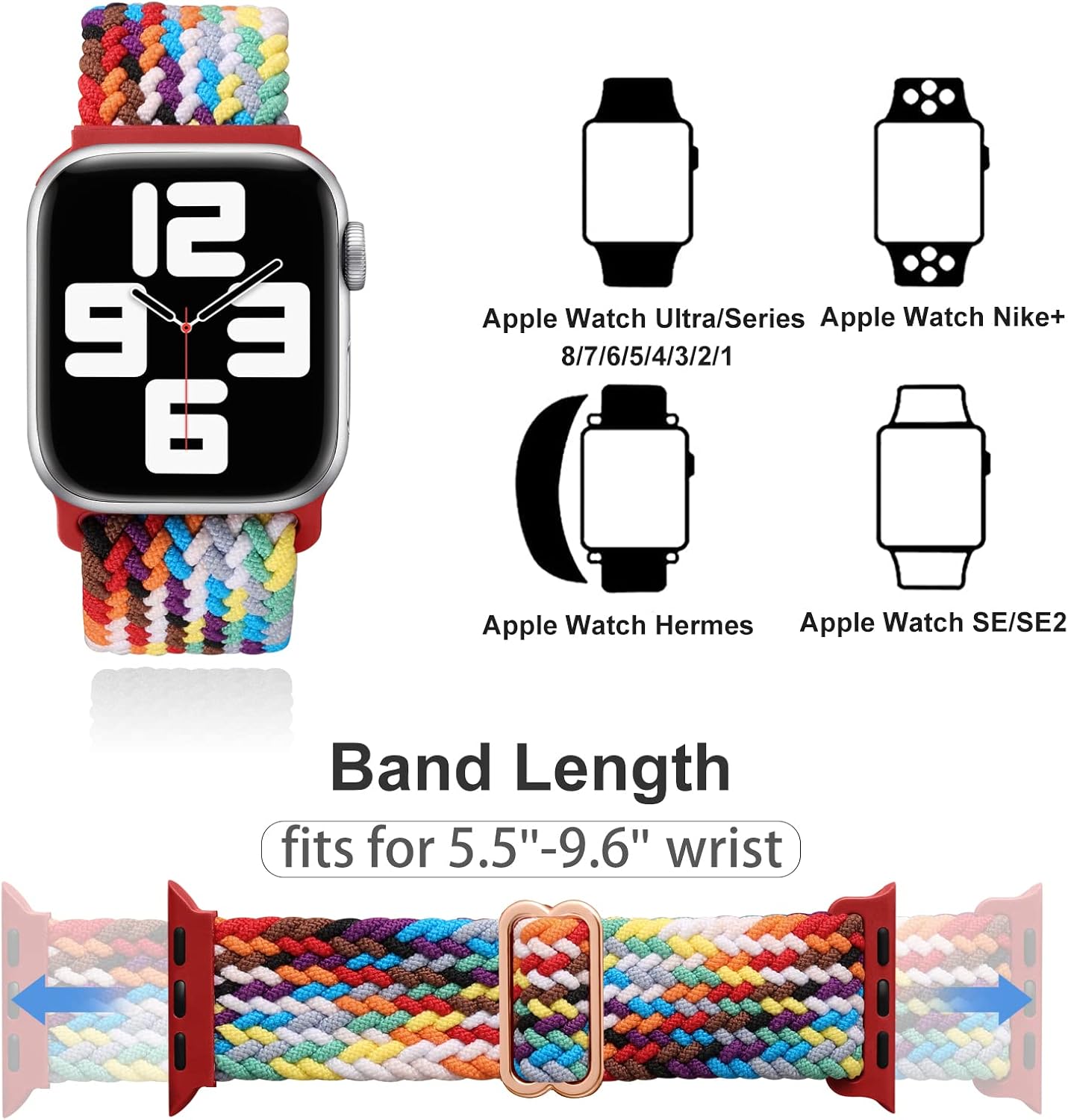 Miniatura 2 de DGege Solo Loop de nailon trenzado elástico compatible con Apple Watch Band de 1.496 pulgadas, 1.575 pulgadas, 1.614 pulgadas, 1.654 pulgadas, 1.732