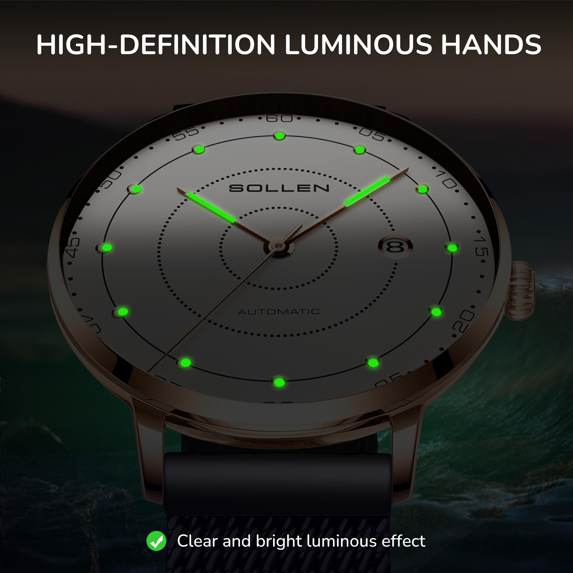 SOLLEN Automatische Herrenuhren, minimalistische mechanische Uhren für Männer, luxuriöse, leuchtende Herren-Armbanduhr mit Kalender