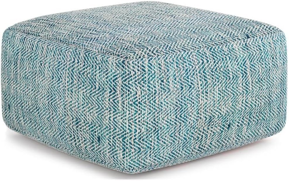 BOWERY HILL Boho Square Pouf, Patterned Teal Melange Cotton Upholstery, 20" x 20" x 10", Dense Polystyrene Filling, Versatile Seating or Ottoman for Living Room or Bedroom Use