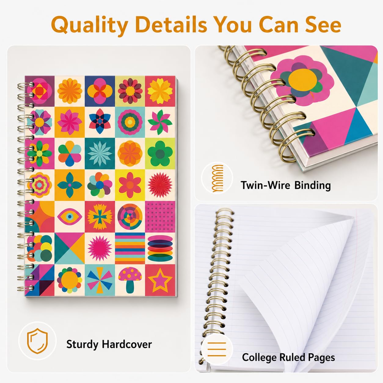 Cuaderno pequeño en espiral de 5 x 7 pulgadas, paquete de 4 diarios de tapa dura, bonitos cuadernos rayados universitarios para el trabajo, la escuela y la oficina, bloques de color geométricos
