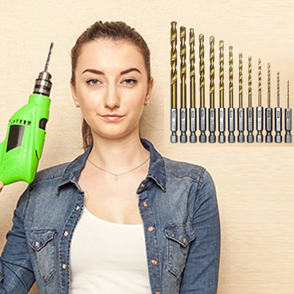 Generic 13 Pieces Titanium Coated HSS Twist Drill Bit Set for Metal