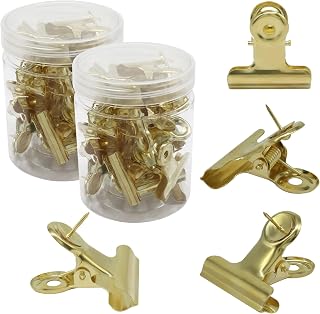 Push Pins Clips, 40 Pcs, Gold | Metal Thumb Tacks with Clips, No-Hole Bulldog Clips, For Bulletin Board & Cork Board, For Papers, Photos & Decorations