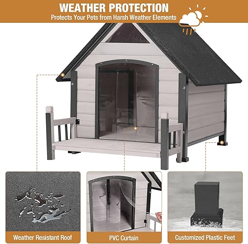 Miniatura 4 de Casa para perros con marco de hierro metálico antimordeduras, perrera de madera para exteriores, refugio para cachorros para perros pequeños,