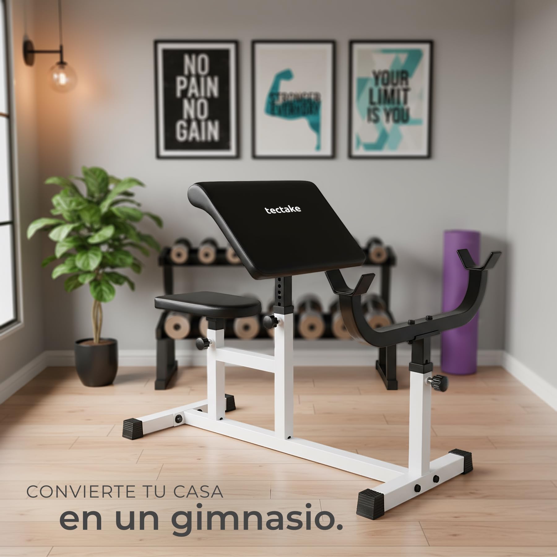 tectake® Banco Musculación, Banco de Pesas para Barra Gimnasio, Estructura de Acero Resistente, Asiento y Apoyabrazos Ajustables - Carga Máxima: 150 Kg