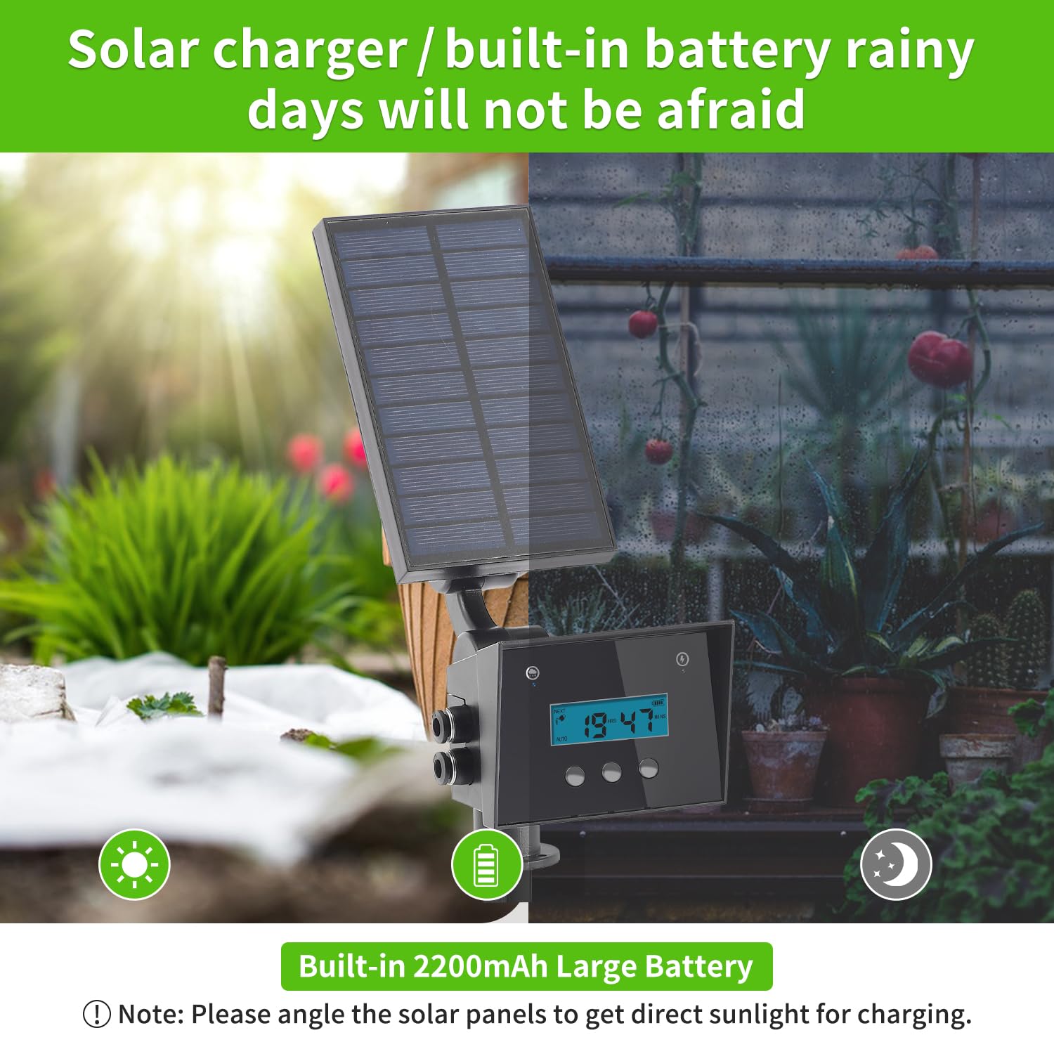Sistema di irrigazione automatico a energia solare, kit di irrigazione a goccia con batteria da 2200 mAh e sensore pioggia e schermo LCD, sistema di irrigazione per interni ed esterni, balcone,