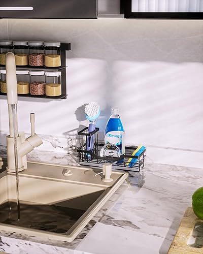 Miniatura 6 de HapiRm Organizador de fregadero multifuncional con soporte para cepillo desmontable, organizador de fregadero de cocina con bandeja de drenaje