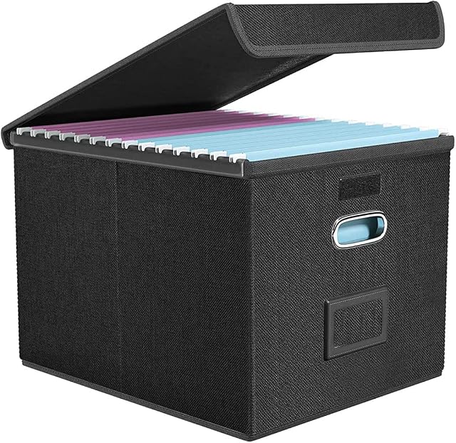 Okydoky Portable File Organizer Box with Lids, Collapsible Linen Hanging Filing Storage Boxes with Plastic Slide, Decorative Home/Office Filling System for File and Folders Storage (1P, Black)