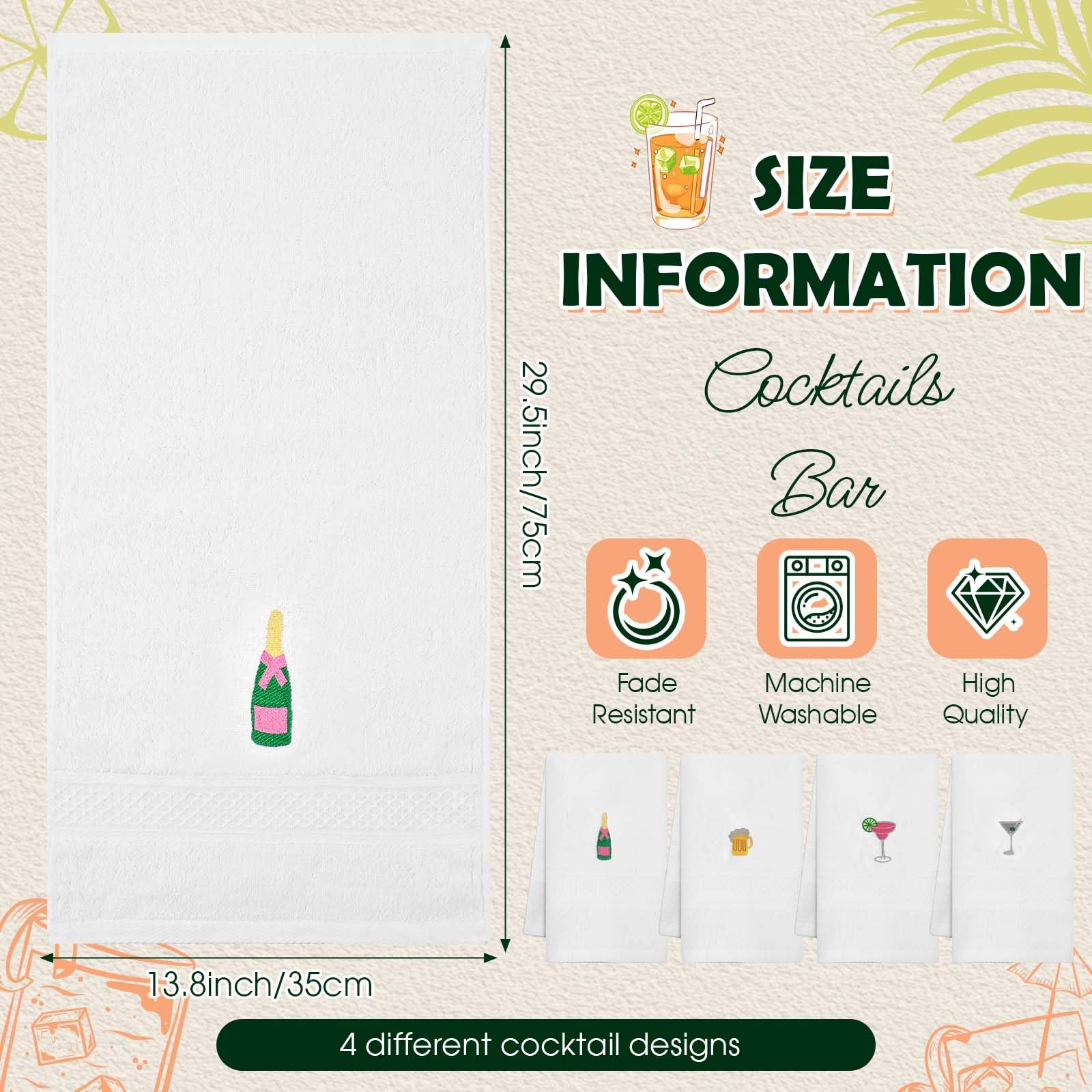 HunnmingRe 4 Pack Bar Towels with Martini Embroidery - Wine Cocktail Drink Themed Gifts Cotton 29.5'' x 13.8'' Kitchen Hand Soft Absorbent Dish Cloth Bathroom Decorative Home Bar Cart Accessories