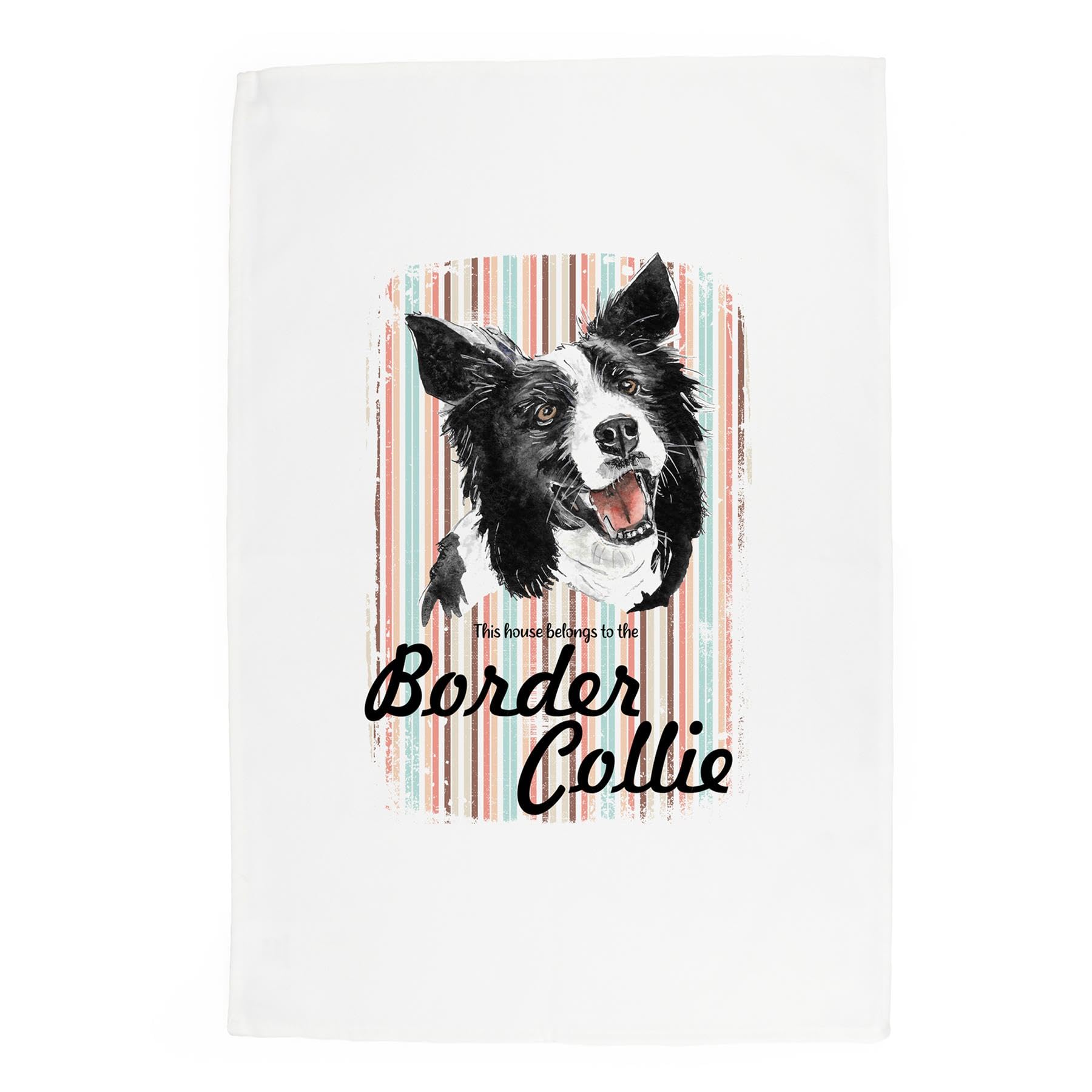 Purely Home Border Collie Tea Towel - This House Belongs to the Dog - Panama Cotton Kitchen Dish Towel/Drying Cloth - 67cm x 45cm - Gift for Dog Lovers