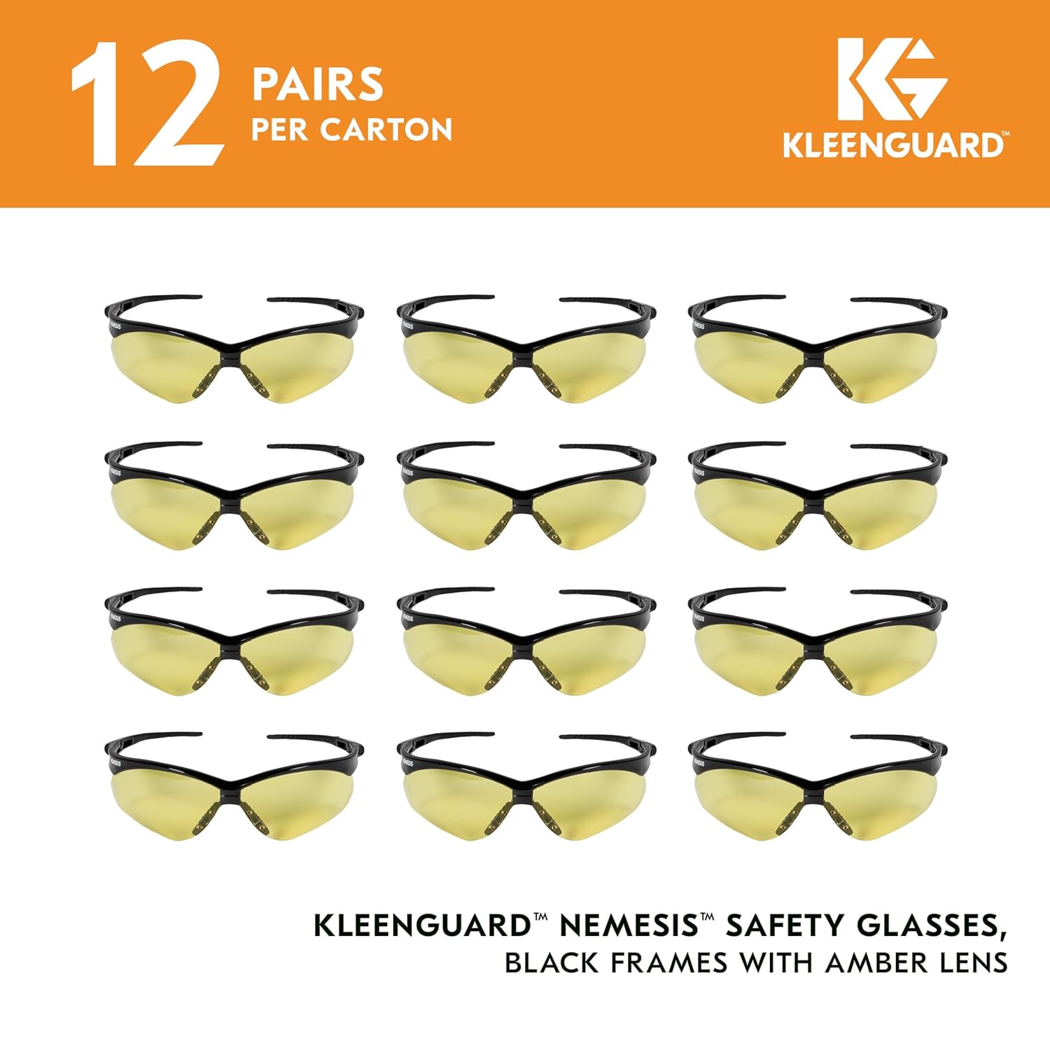 KleenGuard™ V30 Nemesis™ Safety Glasses (25659), Amber (Yellow) Lenses, Black Frame, Unisex for Men and Women (Qty 12)