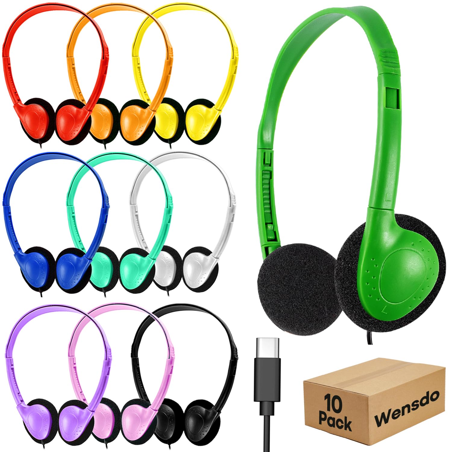 Wensdo USB C Kids Headphones Bulk for Classroom School 10 Pack, Wired On-Ear Type C Headset for Students Compatible with Chromebook Laptop PC Tablet Smartphones (HY857C, 10 Mixed)