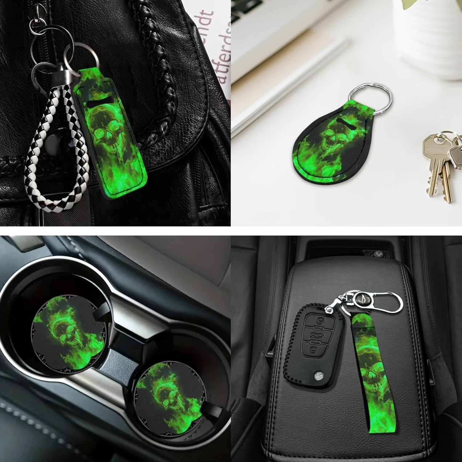 16 PCS Green Flaming Skull Auto Interior Accessories Car Seat Covers with Auto Steering Wheel Cover Seat Belt Covers Car Trash Can Center Console Pad Headrest Cover Coaster Keychains