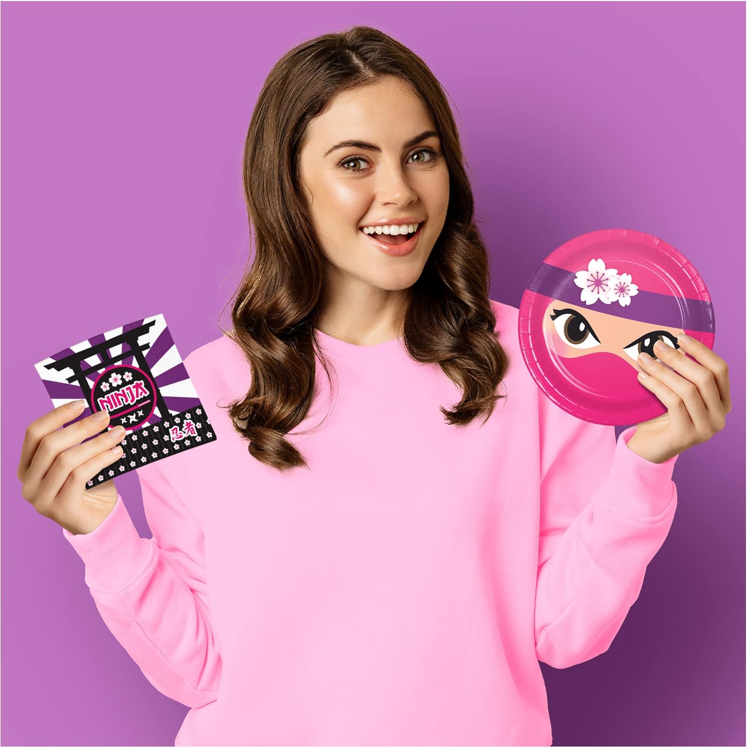 Pink Ninja Party Pack - Pink and Purple Ninja Girl Paper Dessert Plates, Napkins Table Cover, and Balloon Set (Serves 16)