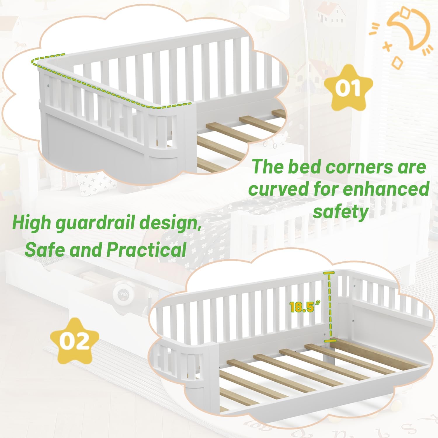 Full Size Kids Bed Frame, Low Profile Montessori Bed Full with Rails, Wood Daybed with Storage Drawer for Girls & Boys, No Spring Box Required, No Squeaks, White