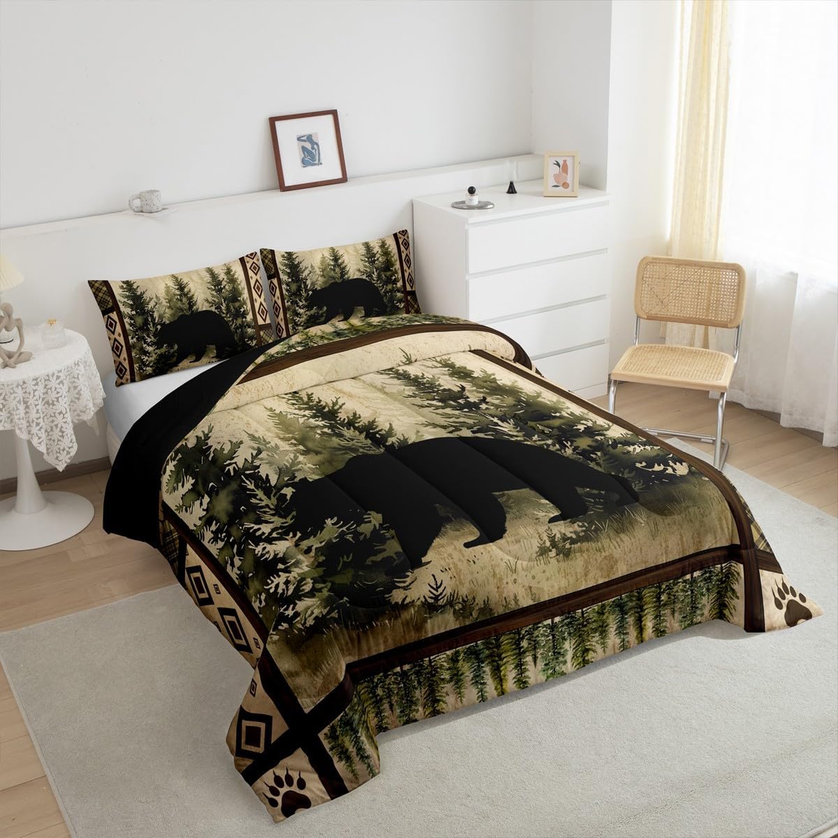 Feelyou Cabin Rustic Bear Bedding Set Twin Size Kids Wild Animal Farmhouse Comforter Cover for Boys Girls Teens Nature Wildlife Wooland Hunting Duvet Cover Forest Green Quilt Set Soft Microfiber