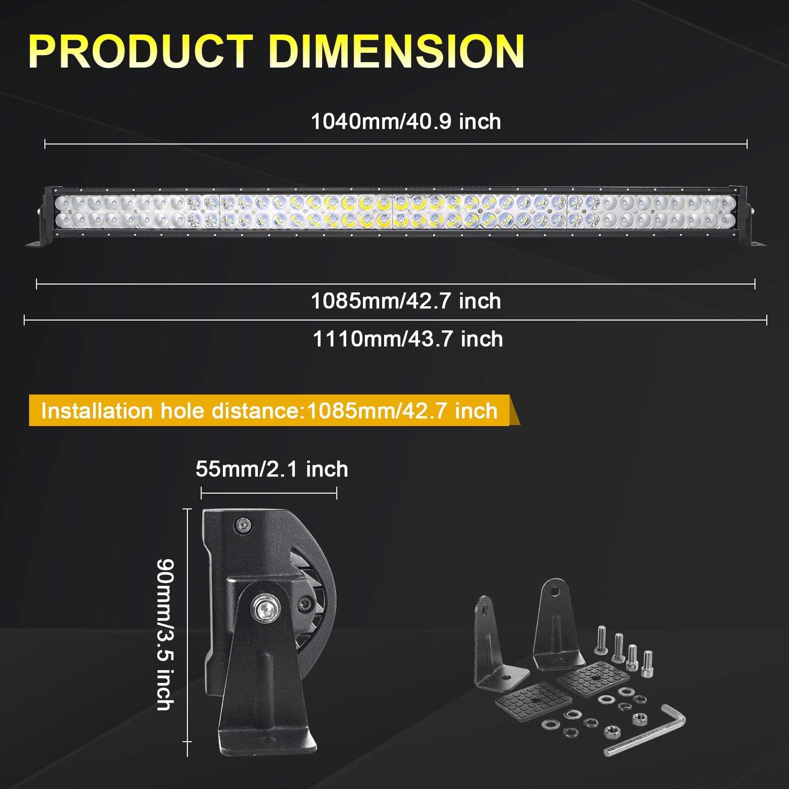 SKYWORLD Listwa świetlna LED 107 cm, 240 W, dwurzędowa listwa świetlna LED 12 V, 24 V, 6000 K, biała, wodoodporna, punktowa, powodziowa, praca offroadowa, lampa przeciwmgielna z 25 m, 40 A, 12 V,