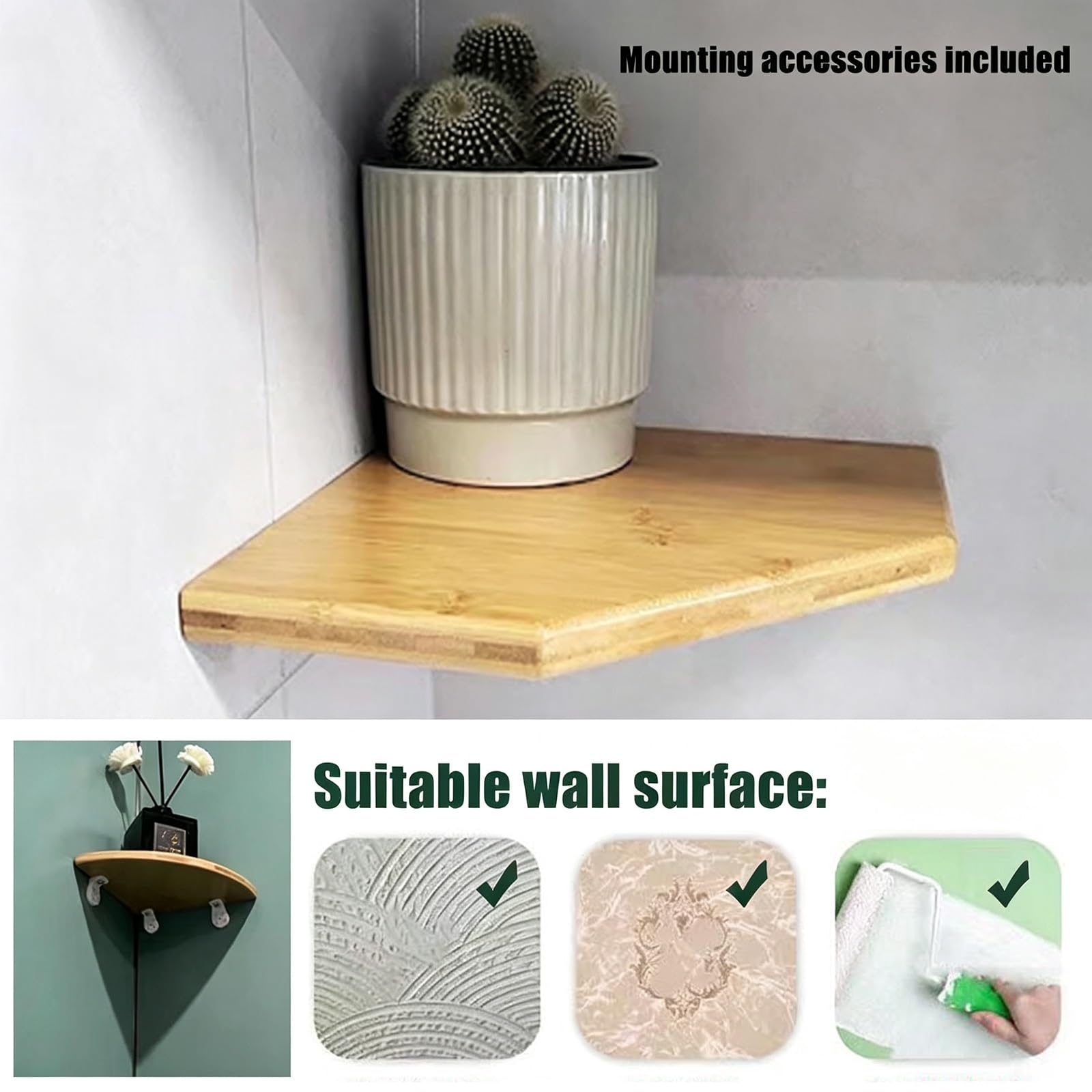 Estante Esquinero de Pared de Bambú Pentagonal, Estante Flotante, 15–50cm