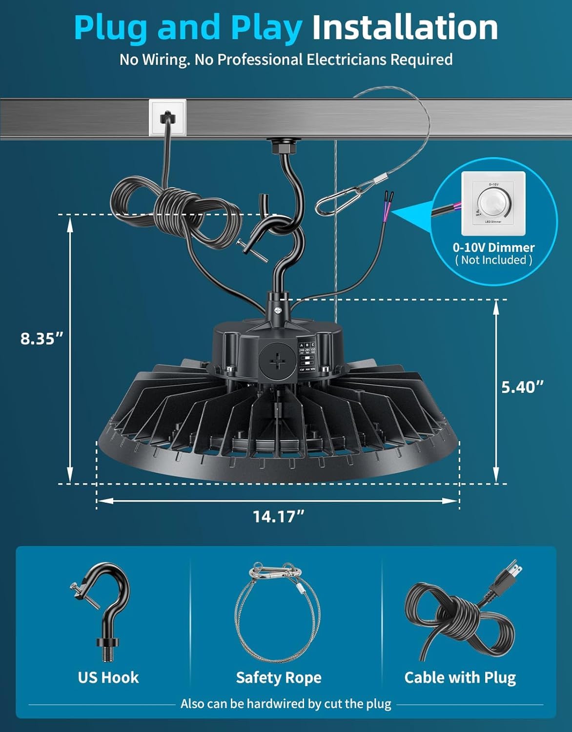 ADUB 9 Pack UFO LED High Bay Light 300W/240W/200W Adjustable 5700K 5000K 4500K Dimmable High Bay LED Shop Light 45000LM, IP65 with Plug for Warehouse Garage Barn 100-277V, DLC ETL