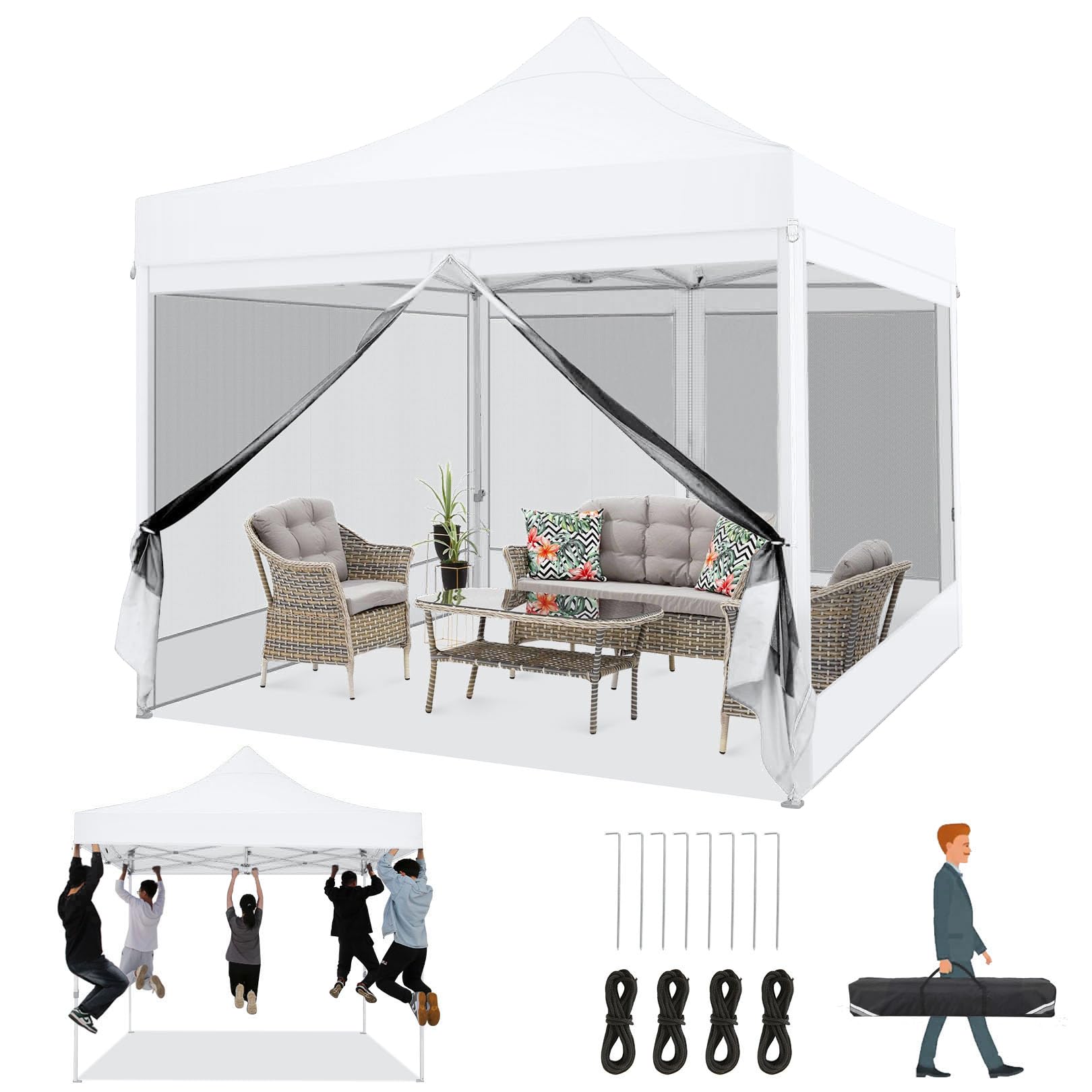 Photo 1 of COBIZI 10x10 Heavy Duty Pop Up Canopy with 4 Mosquito Netting Wall, Easy Set Up Commercial Gazebo Party Tent, Outdoor Instant Screen Canopy for Backyard, Patio, Garden, White