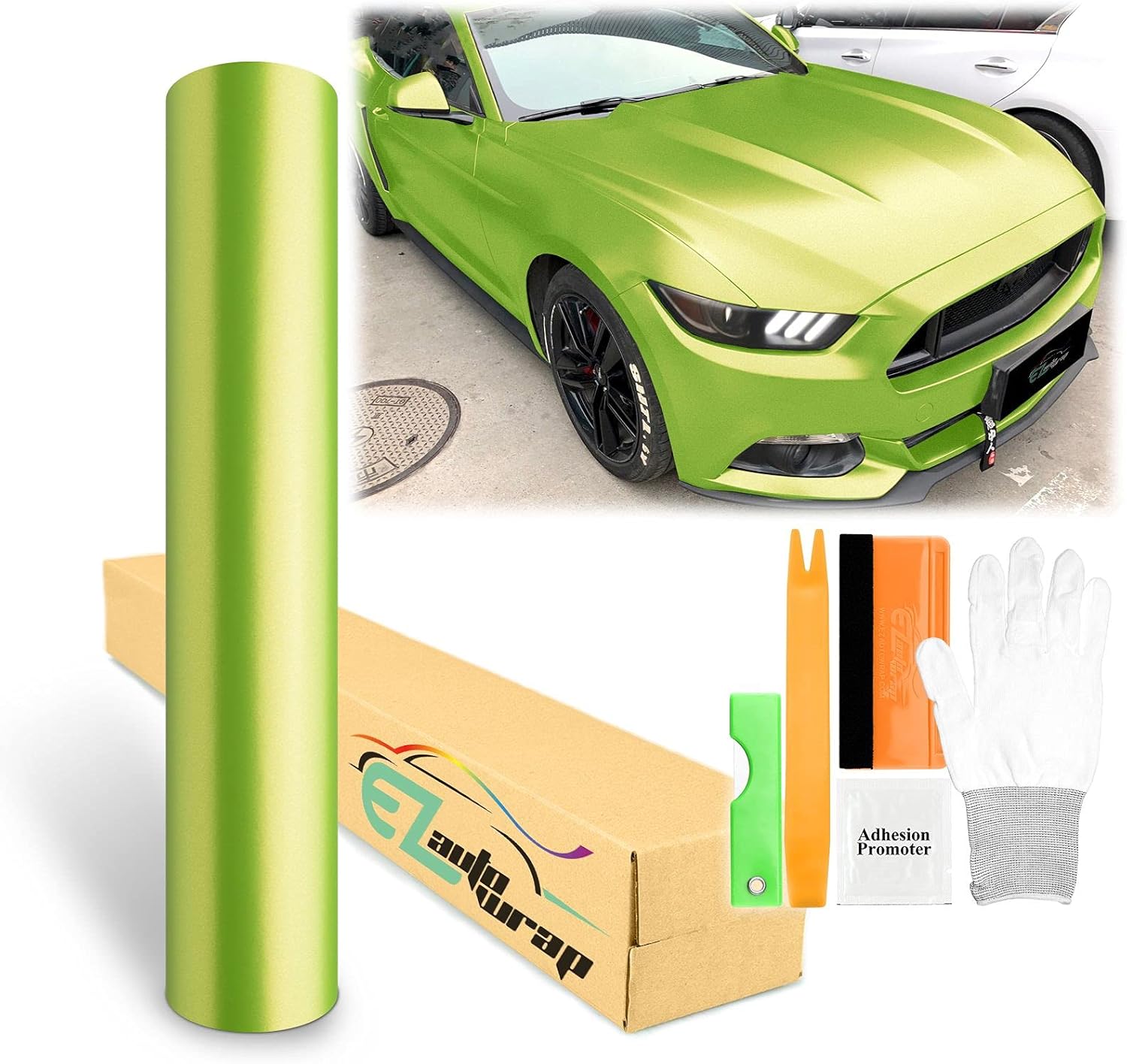 60"x360" (5FTx30FT) Lime Green Matte Metallic Satin Pearl Vinyl Wrap Sticker Sheet Film Car Auto Vehicle DIY Decal Bubble Free Air Release Self Adhesive Peel and Stick Free Tool Kit