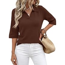 Rapbin Womens 3/4 Length Sleeve Polo Sweater Summer Knitted Collared Tops