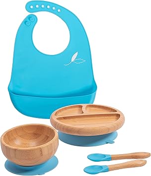 Love Earth Nursing & Feeding,Tableware,Sets Love Earth ® - Bamboo Baby Weaning Set – 5 Piece Baby Led Weaning Set Including Suction Plate, Bowl, Spoons, and a Silicone Bib – Eco-Friendly Baby Suction Plate and Bowl for Weaning Babies (Blue)