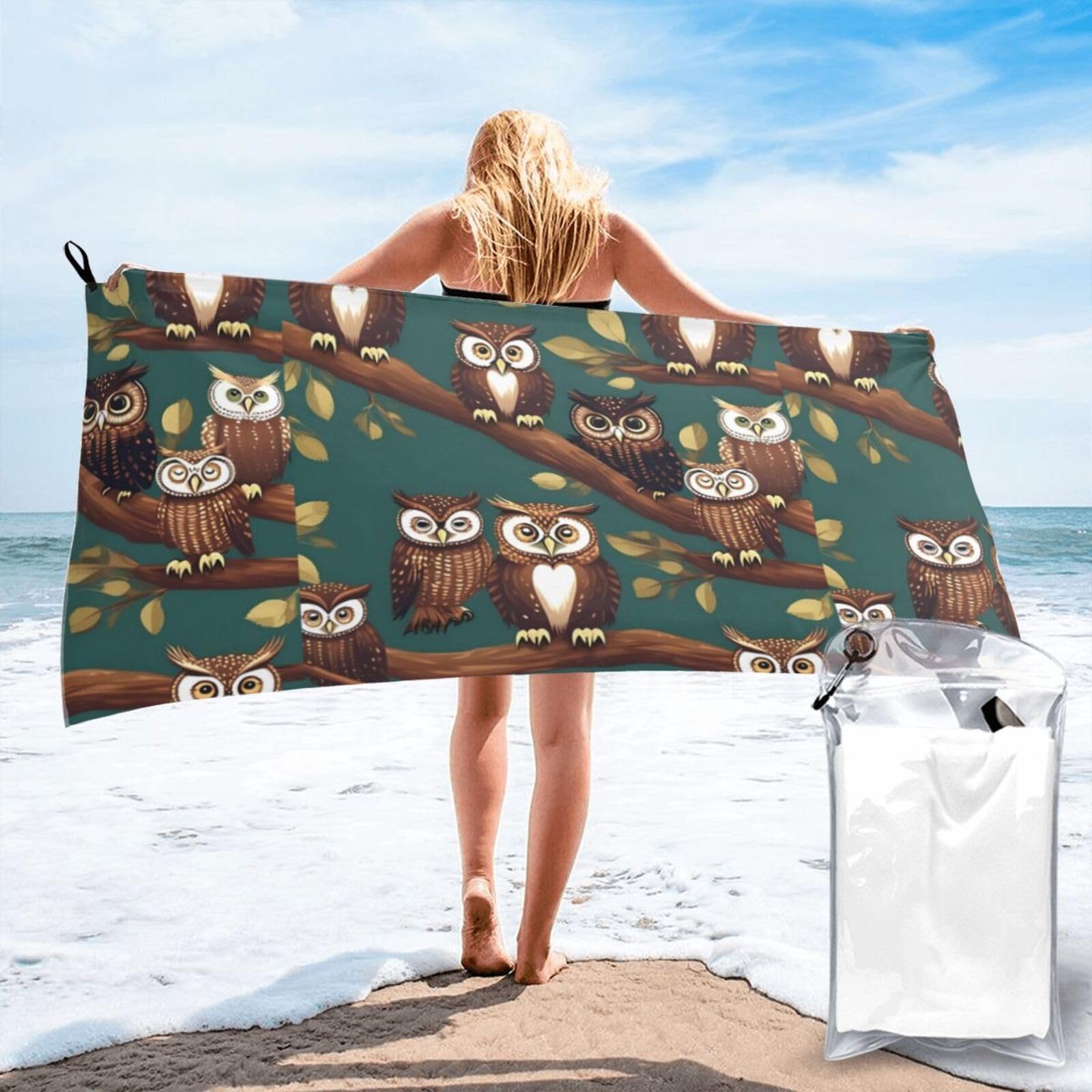 Serviette de bain séchage rapide motif hiboux pour voyage et natation