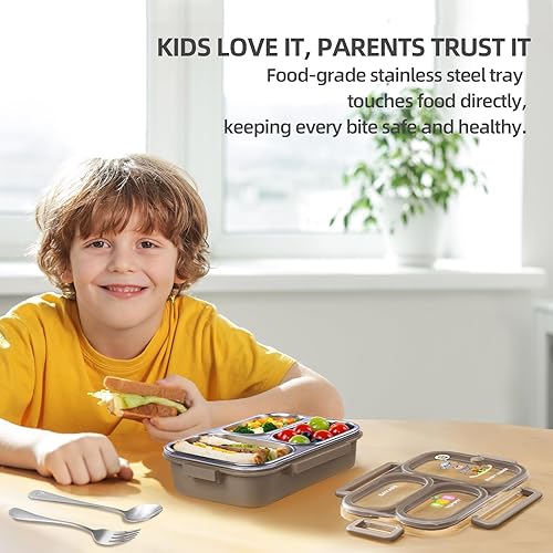 Miniatura 2 de Lonchera Bento de acero inoxidable para niños, 26.4 onzas, a prueba de fugas, 3 compartimentos, caja Bento de metal, sin BPA, lindo recipiente de