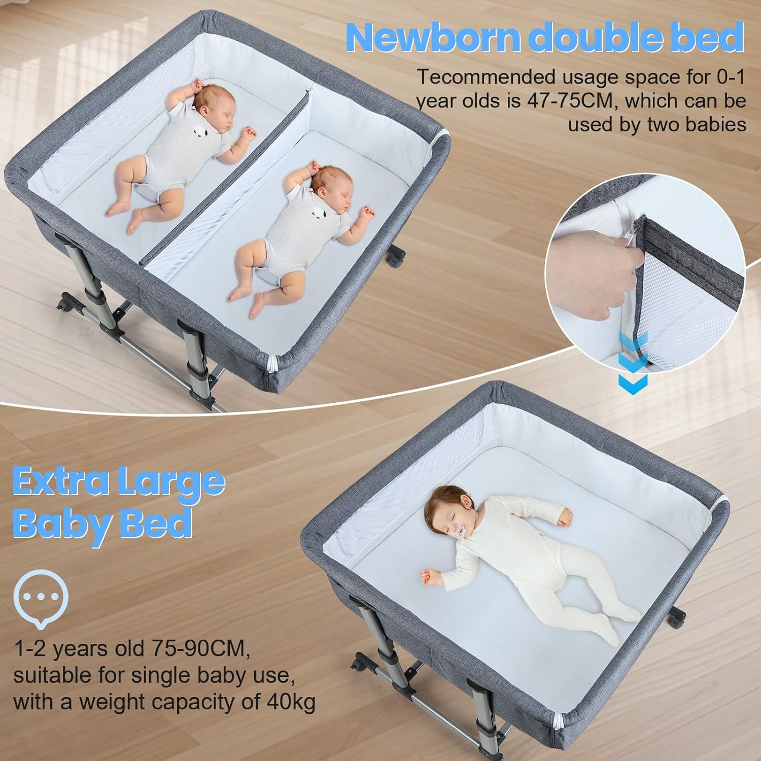 Twin Bassinet for 2 Babies, 6 Height Adjustable Crib Bedside Double Bassinet with Wheels and Mattress Crib Attaches to Bed, Holds up to 88lbs Dark Gray