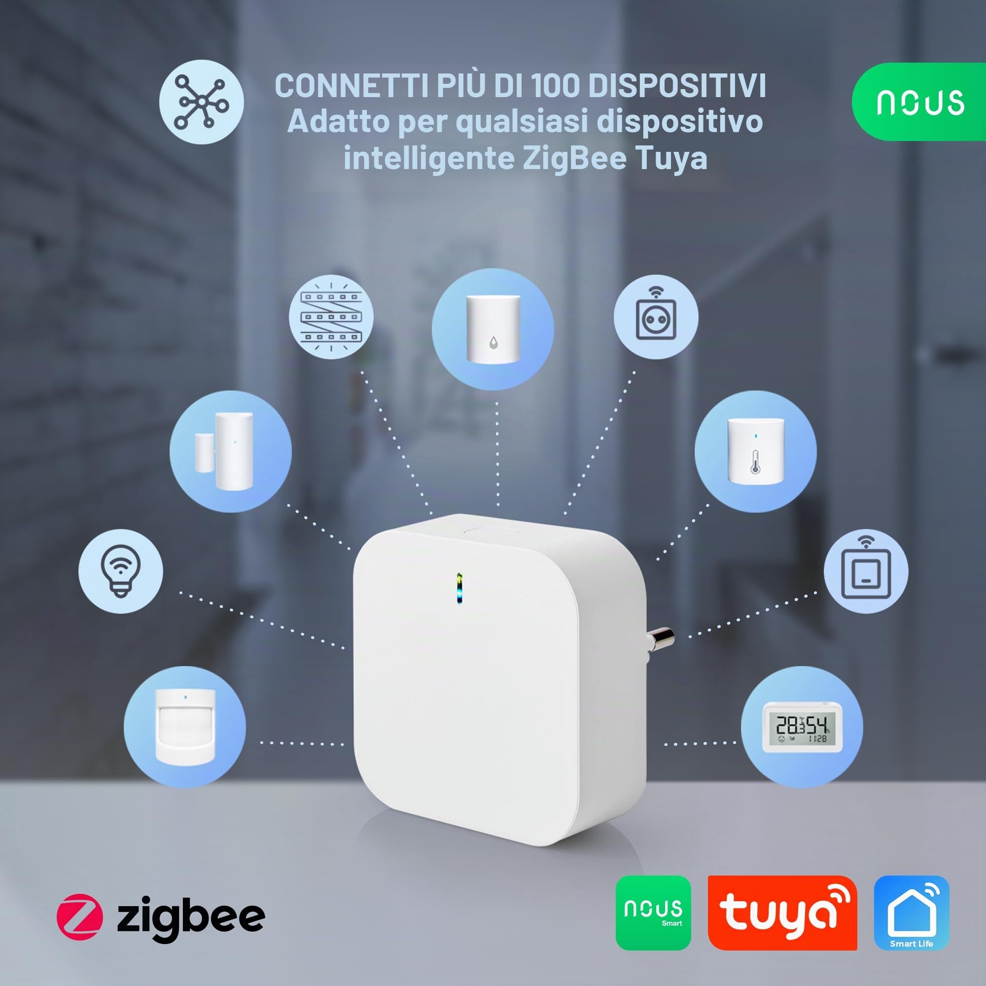 NOUS E1 Smart ZigBee Gateway, Centro di Controllo Intelligente per Casa, Compatibile con Alexa, Google, Supporta Fino a 128 Dispositivi ZigBee