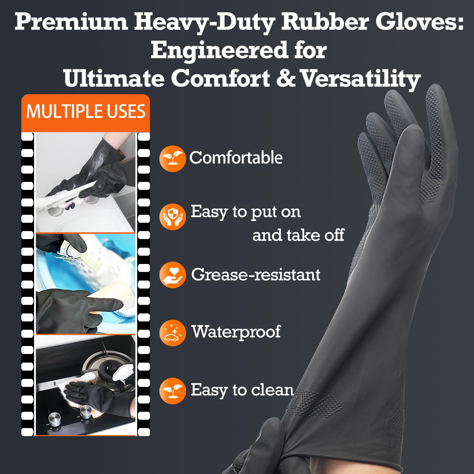 Guantes de goma natural engrosados, guantes para el hogar reutilizables, guantes de lavado de platos antideslizantes, guantes de limpieza de cocina (1 par, talla XL)
