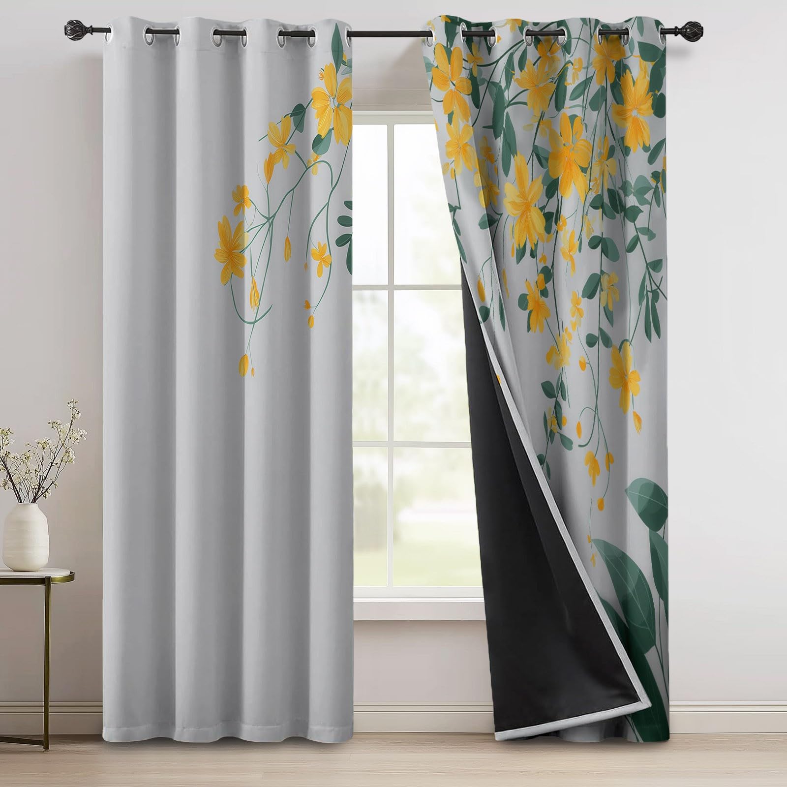 Gris Et Blanc Rideau 70 x 240 cm 2Pcs, Aquarelle Fleurs Plantes Feuilles Imprimé Rideaux Adult Enfant, Naturel Scandinave Occultation Douce Intérieurs à Oeillets Rideau Chambre Salon Coucher Dressing