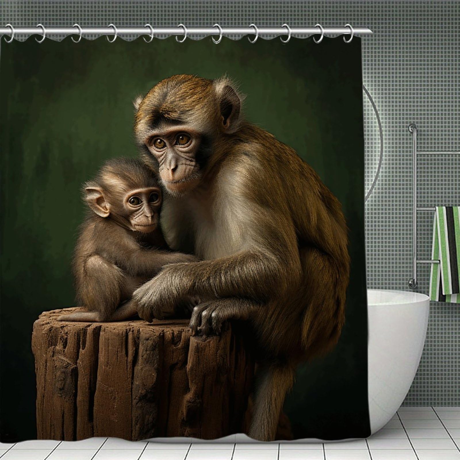 QMNLKH Wildlife Monkey Shower Curtain with Hooks, Waterproof Bath Curtains for Bathroom, Lightweight Bath Curtains Liner for Hotel, Personalized Bath Curtain for Spa, 70.8 Inch