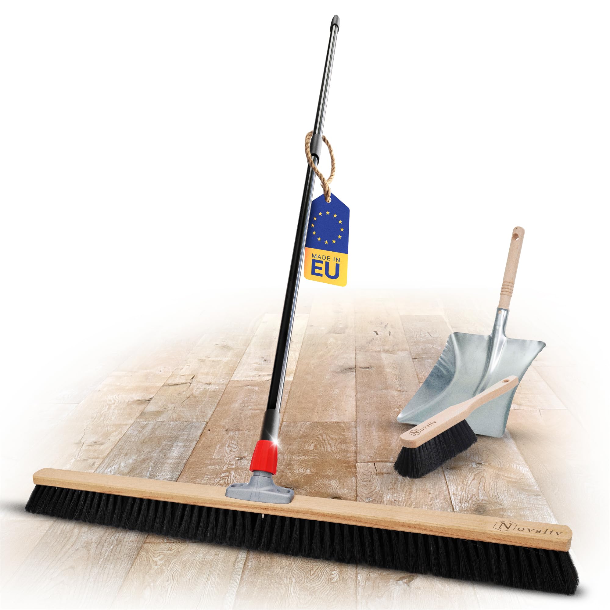 Novaliv Escoba grande de 100 cm con mango telescópico, cerdas sintéticas, incluye recogedor galvanizado compuesto de recogedor y escoba de mano, escoba fina, escoba para taller, escoba de casa, con