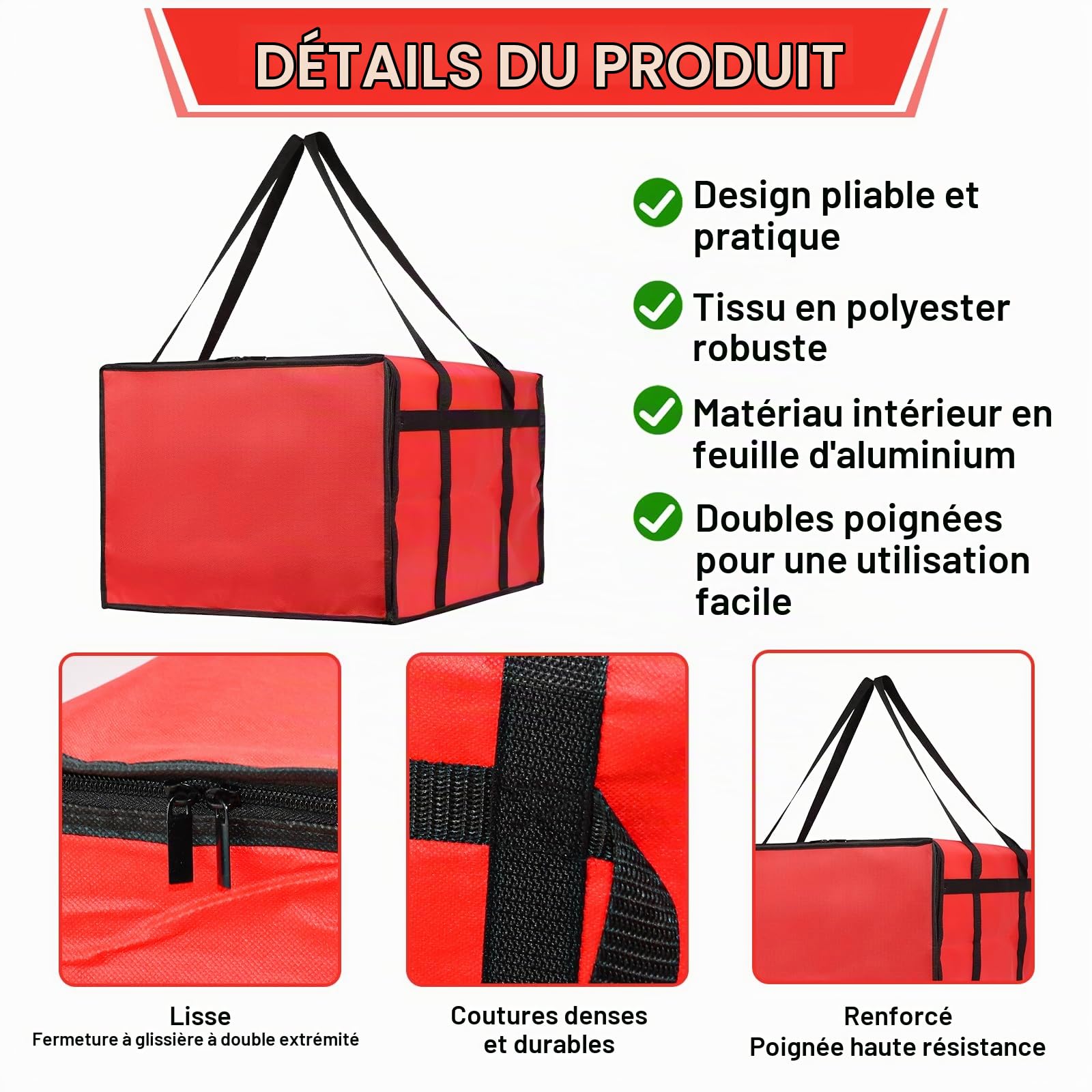 Grand Sac Isotherme 50x50x35,5cm Sacs Isotherme Grand Sac à Pizza Thermique 85L Sacs de Livraison de Nourriture Pochette Thermique Pizza Grande Glacière Pliable pour Faire Les Courses
